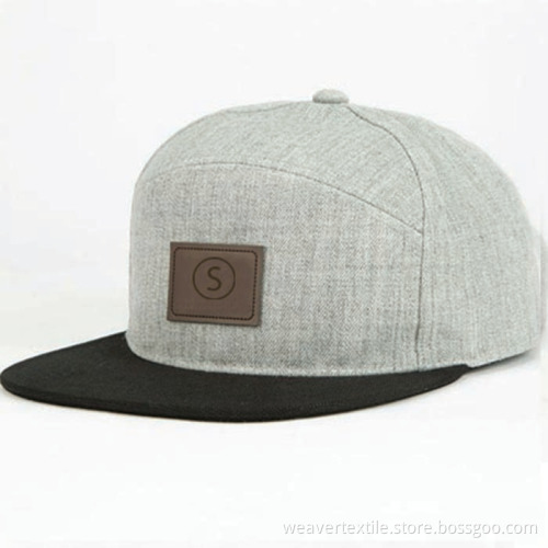 Leather Patch Flat Bill Cap Wool 6 Panel Snapback caps